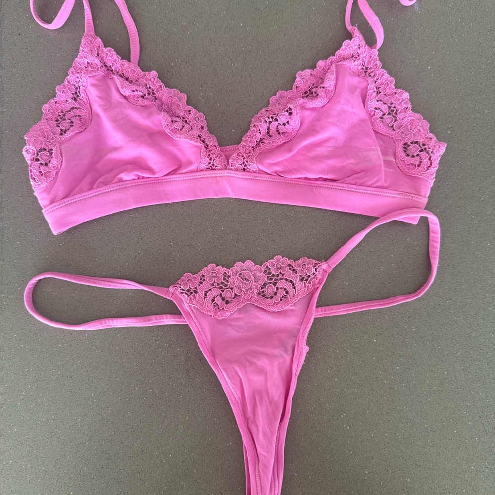 SKIMS Pink Lace Bralette and Thong Set
